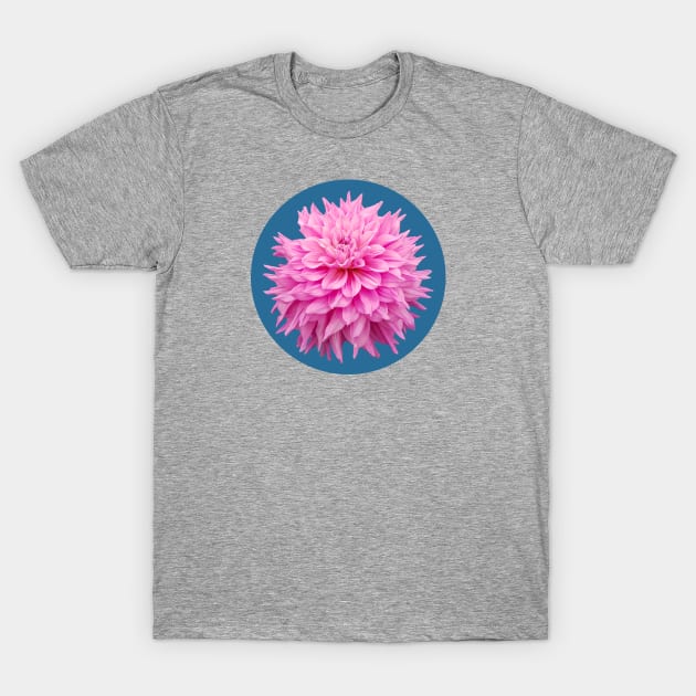 Hot Pink Ball Dahlia Blue Circle Flower T-Shirt by ellenhenryart